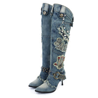 Original KNCOKAR New Blue Denim Water Wash Knee High  Stiletto Heels Pumps Cowboy Women & Shoes High Heels Jean Knight Boots