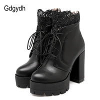 Original Gdgydh 2022 Autumn Women Lacing Platform Boots High Heels Female Black Platform Heels Spring Short Boots Ladies Shoes for Party