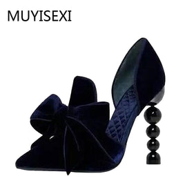 Original Navy Blue Brand Designer Women Shoes Pearl High Heel Pointed Toe Velvet Bow 9 cm Stiletto Party Shoes Pumps 34-43 YT02 MUYISEXI