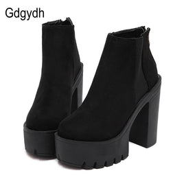 Original Gdgydh Fashion Black Ankle Boots For Women Thick Heels Spring Autumn Flock Platform Shoes High Heels Black Zipper Ladies Boots