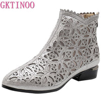 Original GKTINOO Women Boots Hollow-Out Ankle Boots Crystal Mesh Summer Boots Zapatos Chaussures Femme Square High Heels Women Shoes