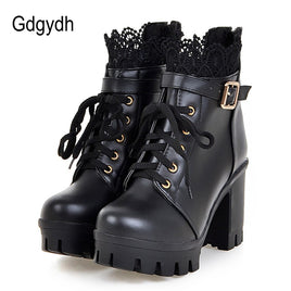 Original Gdgydh Wholesale Lace Ankle Boots Thick High Heels Women Boots Sexy Lacing Round Toe Platform Ladies Shoes Large Sizes 34-43