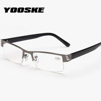 YOOSKE Blue Film Resin Reading Glasses Men Women Metal Half Frame Hyperopia Eyeglasses +1.0 1.52.02.5 3.0 3.5 4.0 Diopter