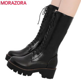 Original MORAZORA 2022 new women&#39;s mid calf boots lace up platform boots round toe autumn winter botas ladies shoes size 34-43