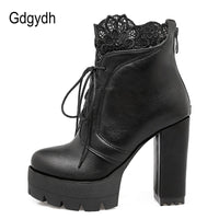 Original Gdgydh 2022 Autumn Women Lacing Platform Boots High Heels Female Black Platform Heels Spring Short Boots Ladies Shoes for Party