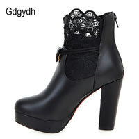 Original Gdgydh 2022 Lace Ankle Boots Thick High Heeled Female Short Boots Round Toe Platform Ladies Shoes White Wedding Shoes Plus Size
