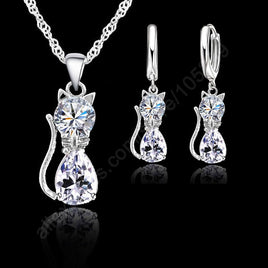 Original Jewellery Sets Accessories Genuine 925 Sterling Silver  Cubic Zirconia Cat Kitty Necklace Pendant+Leverback Earrings Hot