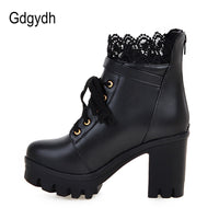 Original Gdgydh Wholesale Lace Ankle Boots Thick High Heels Women Boots Sexy Lacing Round Toe Platform Ladies Shoes Large Sizes 34-43