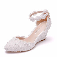 Original Crystal Queen Wedges Heel Woman Wedding Shoes Bride White Lace UP Sweet Bridesmaid Bridal Pumps Platform