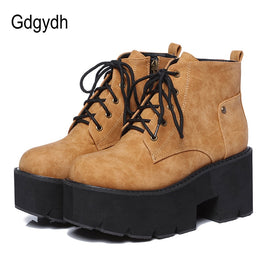 Original Gdgydh 2022 New Spring Platform Boots Woman Chunky Heel Punk Gothic Boots Lace Black Brown Ankle Boots Women Comfortable Leather