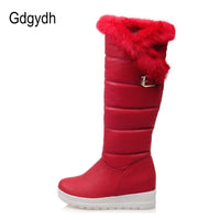 Original Gdgydh Knee High Boots Red Winter Shoes Warm Women Snow Boots Height Increasing Buckle Ladies Wedges Boots Plush Plus Size 42