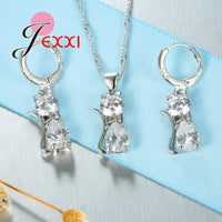 Original Jewellery Sets Accessories Genuine 925 Sterling Silver  Cubic Zirconia Cat Kitty Necklace Pendant+Leverback Earrings Hot