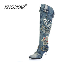 Original KNCOKAR New Blue Denim Water Wash Knee High  Stiletto Heels Pumps Cowboy Women & Shoes High Heels Jean Knight Boots