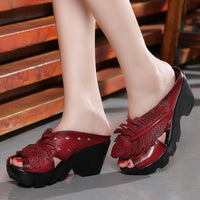 Original GKTINOO New Ethnic Style Genuine Leather Women Shoes Sandals wedges Slides Handmade Flower Women Summer Slipper