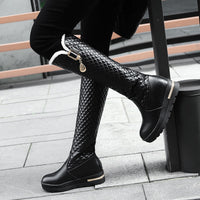 Original New Women Boots Knee High Boots Square Heels Fashion Round Toe Rubber Sole Woman Leather Shoes Winter Black