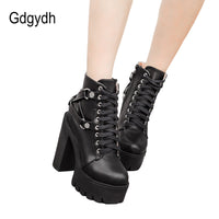 Original Gdgydh Fashion Black Boots Women Heel Spring Autumn Lace-up Soft Leather Platform Shoes Woman Party Ankle Boots High Heels Punk