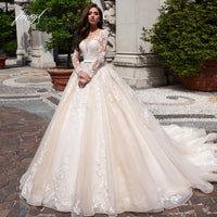 Original Fmogl Elegant Illusion Long Sleeve Vintage Wedding Dresses 2022 Luxury Scoop Neck Appliques Court Train A Line Bridal Gowns