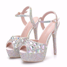 Original Crystal Queen Diamond Women Super High Heels Wedding Pumps 14cm Peep Shoes  Platform 4CM  Wristband Colorful Stiletto