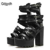 Original Gdgydh Women Gothic Shoes High Block Heel Hollow Out Sandals Gladiator Clubwear Shoes Platform Fashion Buckle Ankle Strap Drop