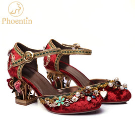 Original Phoentin velvet ankle strap Chinese wedding shoes women crystal buckle pearl rhinestone flower decoration mary jane shoe FT267