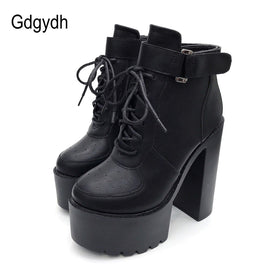 Original Gdgydh Hot Sale Russian Shoes Black Platform Boots Women Zipper Autumn High Heels Shoes Lace Up Ankle Boots White Rubber Sole