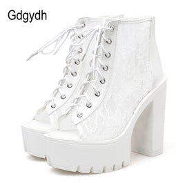 Original Gdgydh Summer Boots With Lace Peep Toe Footwear Woman Boots On Summer Mesh Rome Style 2022 Spring Ladies Shoes Drop Shipping