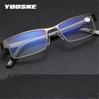 YOOSKE Blue Film Resin Reading Glasses Men Women Metal Half Frame Hyperopia Eyeglasses +1.0 1.52.02.5 3.0 3.5 4.0 Diopter