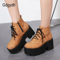 Original Gdgydh 2022 New Spring Platform Boots Woman Chunky Heel Punk Gothic Boots Lace Black Brown Ankle Boots Women Comfortable Leather