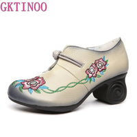Original GKTINOO Women Embroidery Pumps Grey Lady 6CM High Heels Shoes Handmade Women Genuine Leather Pumps Autumn Shoes
