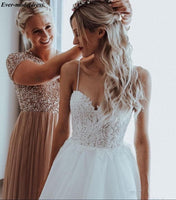 Original Boho Wedding Dresses 2022 Backless Lace Appliques Pearls Spaghetti Straps A-Line Beach Bridal Gowns Robe De Mariee Cheap