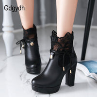 Original Gdgydh 2022 Lace Ankle Boots Thick High Heeled Female Short Boots Round Toe Platform Ladies Shoes White Wedding Shoes Plus Size