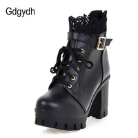 Original Gdgydh Wholesale Lace Ankle Boots Thick High Heels Women Boots Sexy Lacing Round Toe Platform Ladies Shoes Large Sizes 34-43