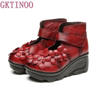 Original 2022 Handmade Flower Women Boots Round Toes Genuine Leather Ankle Boots Wedges Shoes Vintage Boot