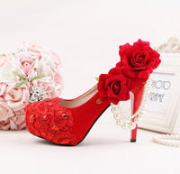 Original New Arrival Red color Flock Women wedding shoes Bride 8cm/11cm/14cm high heels platform shoes Bridal Big Flower shoe Red sole