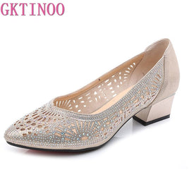 Original GKTINOO 2022 New Summer Fashion Pumps Cut-outs Women Crystal Casual Ladies Shoes High Heels Tenis Feminino Genuine Leather