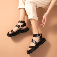 BEAU TODAY - Original Sandals Women Sheepskin Genuine Leather Ankle Strap Metal Ring Buckle Lady Summer Platform Shoes Handmade 38123