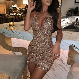 Original Sexy Women Sequins Glitter Sparkle Deep V Neck Halter Backless Bodycon Short Mini Dress Evening Party Wrap Hip Package Dress