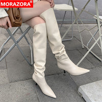 Original MORAZORA 2021 Size 33-43 Genuine Leather women boots stiletto heels pointed toe ladies shoes winter solid color knee high boots