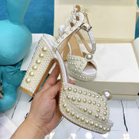 Original 2021 Pearl Platform Sandals Women Open Toe Rhinestone Diamond Square High Heels Shoes Woman Sexy Wedding Shoes