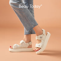 Original Beau Today Platform Sandals Women Lattice Round Toe Hook Loop Plaid Cloth Summer Casual Ladies Outdoor Shoes Handmade 38161