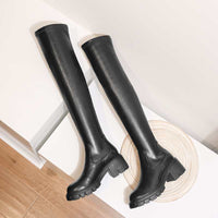 Original Krazing Pot Big Size Cow Leather Stretch Over-the-knee Boots Platform Round Toe High Heels Winter Women Warm Thigh High Boots