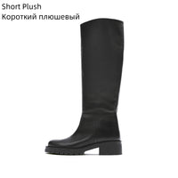 Original QUTAA INS Fashion Women Knee High Boots Full Cow Leather Warm Flats Thick High Heels Motorcycle Boots Woman Lady Shoes 34-43