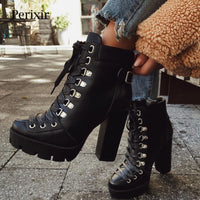 Original Perixir Fashion Platform Ankle Boots Women 2020 Spring Autumn Black Leather 12cm Thick Heel Boots Ladies Worker Womens Boots