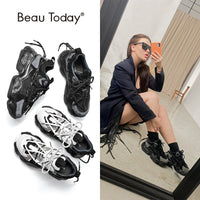 Original Beau Today Chunky Sneakers Women Mesh Leather Patchwork Double Lace-Up Platform Sole Casual Ladies Shoes Handmade 29393