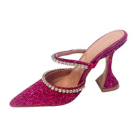 Original European and American Popular 2020 Summer New Dazzling Pink Crystal Sequined Spool Heels Pointed High Heels Women Slippers