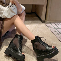 Original Gdgydh Open Toe Genuine Leather Boots Woman With Heels Breathable Mesh Shoes For Summer Black Leather Platform Boots Women New