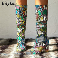 Original Eilyken Pleated Colorful Snake Grain Women Boots Female High Heel Knee High Pointed Toe Zipper Winter Ladies Shoes