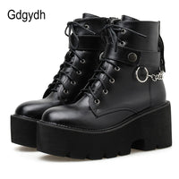 Original Gdgydh New Sexy Chain Women Leather Autumn Boots Block Heel Gothic Black Punk Style Platform Shoes Female Footwear High Quality