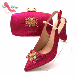 Original Fashionable African Shoes and Bag Set Italian Women  Fuchsia Color Nigerian Shoes with Matching Bags for Royal Wedding Party