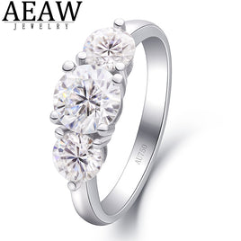 AEAW JEWELRY- Original 2.0ctw 6.5mm Round Brilliant Cut Moissanite Engagement Halo Ring Three Stone Style Solid Real 18K White Gold for Lady DF Color